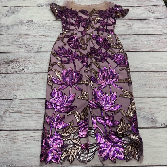 Marchesa Notte Lotus Sequin Tulle Sheath Dress In Purple Mauve Size 4 - Picture 3 of 9